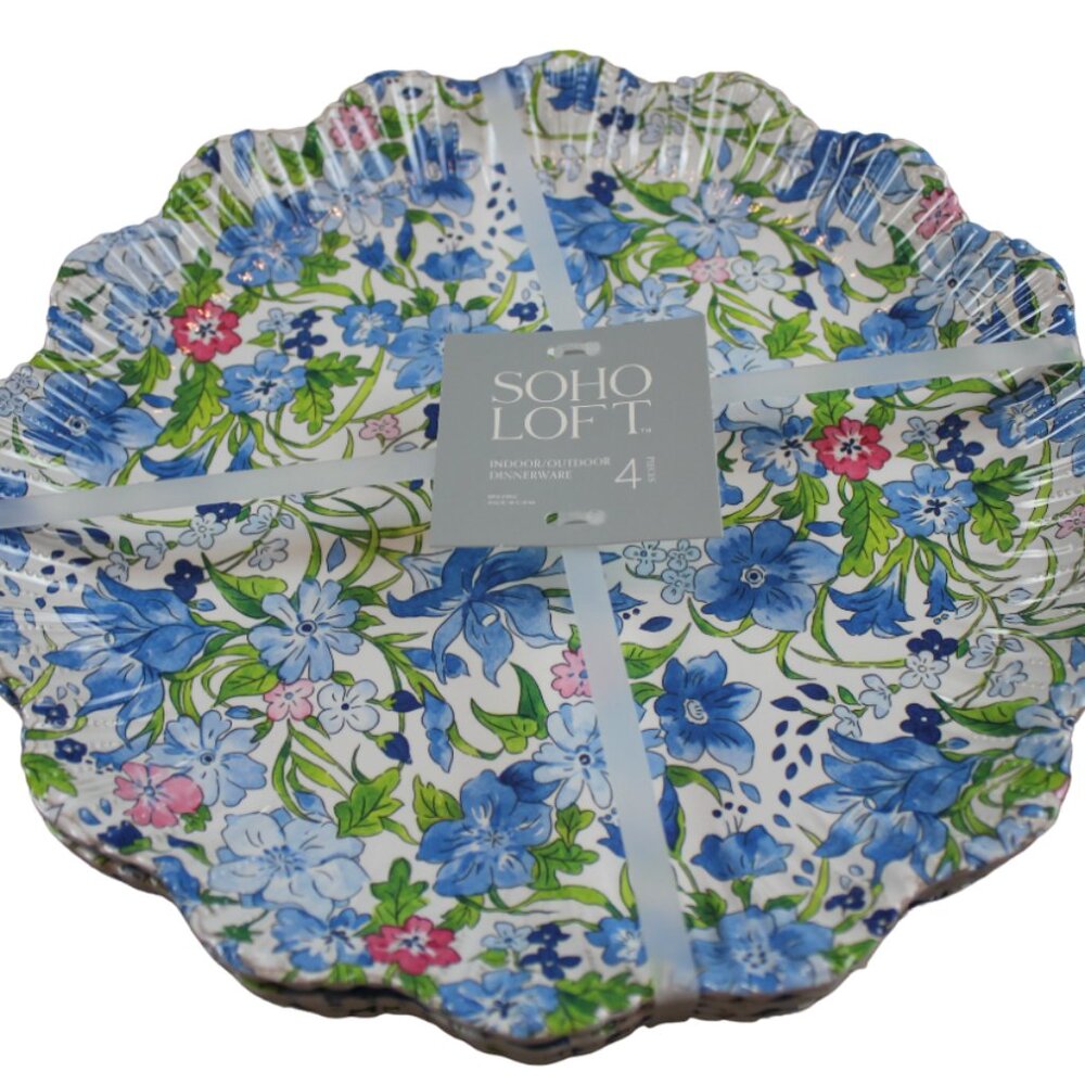 Soho Loft Blue Pink Flower Floral Scallop Melamine 11" Dinner Plate Set of 4 NWT